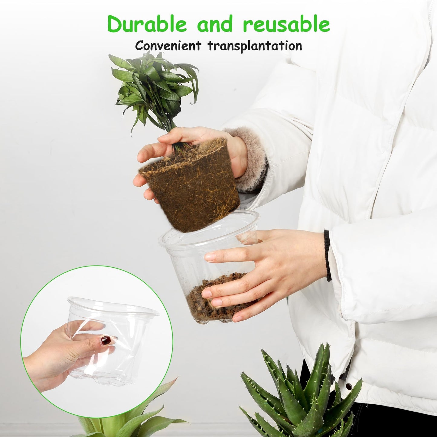 Hemikaki 60 Pack 4/5/6 Inch Clear Nursery Pots with Drainage Holes, Transparent Plastic Plant Pots, Reinforced Seed Starter Flower Pots, Comes with 50pcs Plant Labels