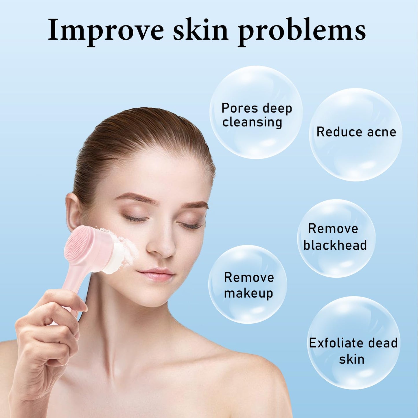 Face Brush 2 in 1, Facial Cleansing Exfoliating Scrubber Brush, Silicone Double Side Manual Face Wash Scrub Brush with Soft Bamboo Charcoal Fiber for Deep Pore Cleansing, Massaging, Skin Care