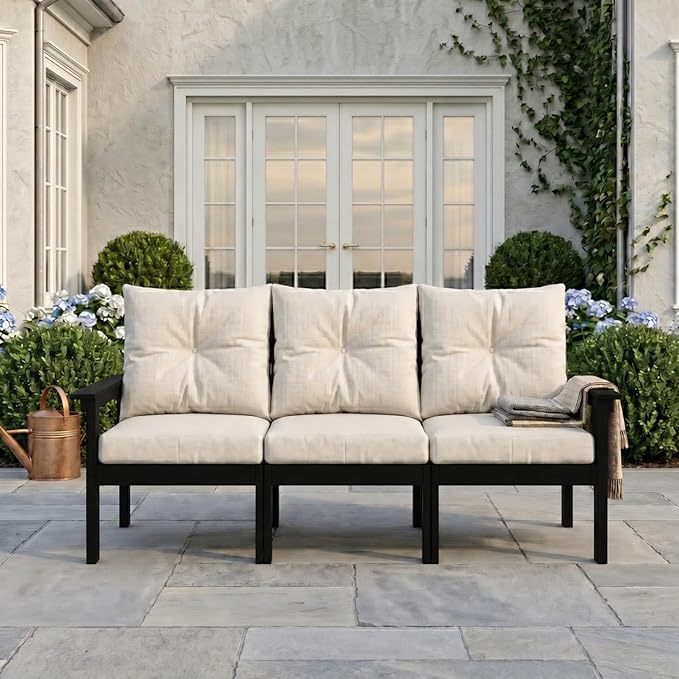 HDPE Outdoor Patio Furniture Set, 10-Piece Patio Conversation Set with 3-Seat Sofa, 4 Armchairs, 2 Side Tables & 1 Coffee Table, All-Weather Outdoor Sofa Set for Deck, Porch(Black Frame)
