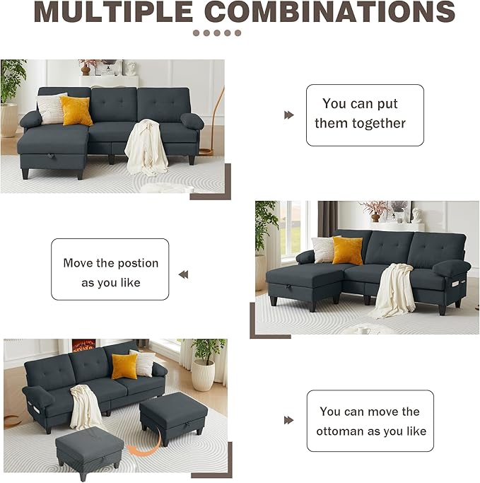 84" Convertible Sectional Sofa, Deep 3-Seater L Shaped Sectional Couch