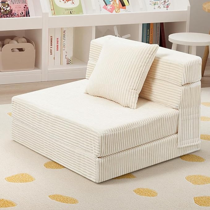 MeMoreCool Folding Sofa for Kids, Corduroy Fold Out Futon Chair, Small Foldable