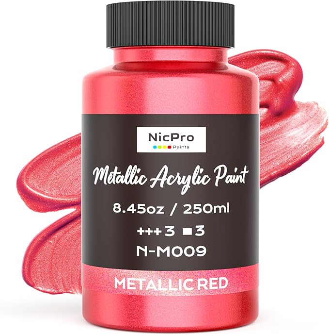 Nicpro Metallic Red Acrylic Paint, 8.45oz/250ml Large Metallic Paint, Non Toxic