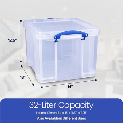 Really Useful Box 32 Liters Storage Bin Container with Snap Lid and Clip Lock Handles for Lidded Home and Office Storage Organization, 12 Pack