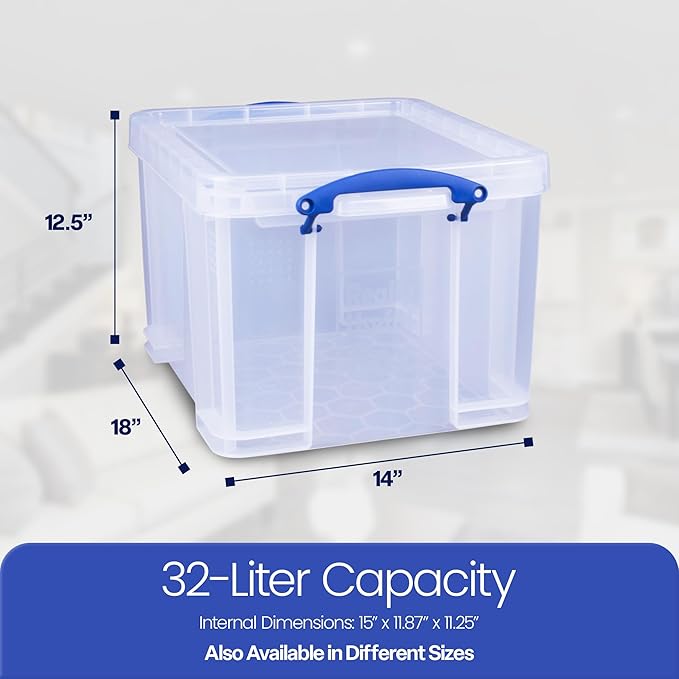 Really Useful Box 3-Pack Clear Plastic Storage Bins with Lids & Clip Handles, 32 Liters - Stackable, Portable and Transparent Organizer Containers for Home, Garage and Office