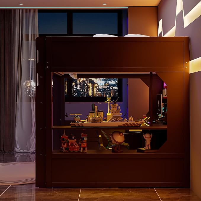 Modern Gaming Loft Bed with Built-in Desk, LED Lighting & Charging Hub – Full