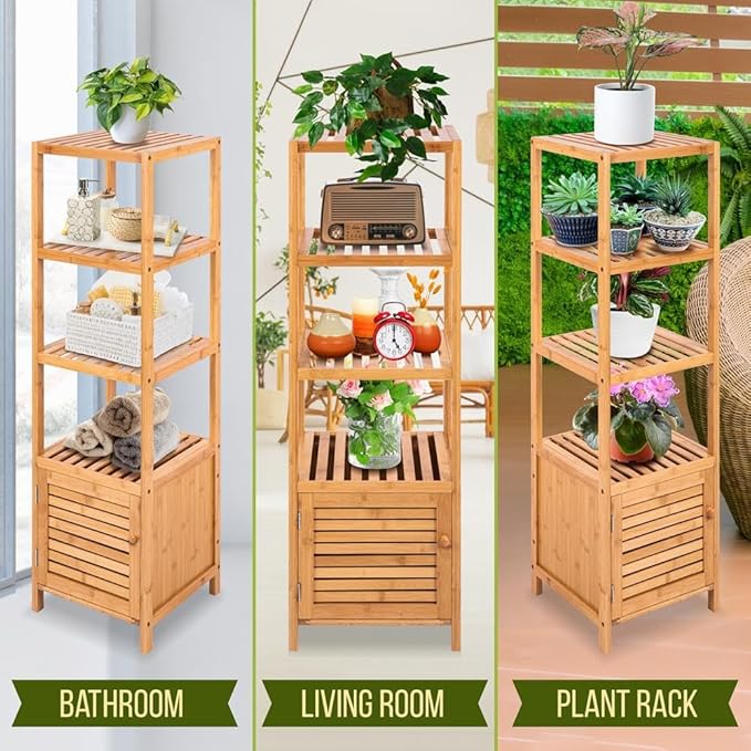 SereneLife 5-Tier Bamboo Bathroom Storage, Corner Slim Rack Cabinet Organizer
