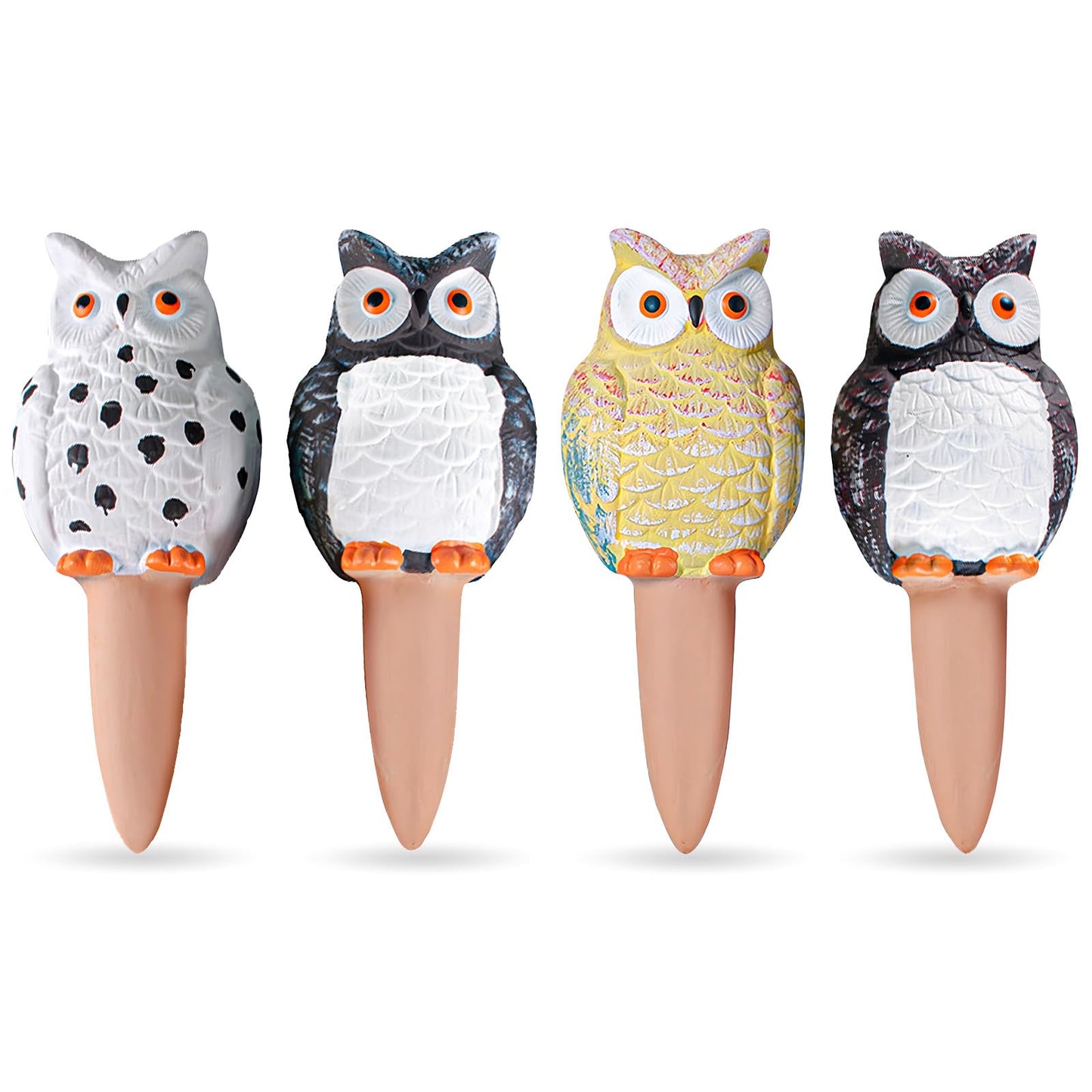 MCleanPin 4 Pack Self Watering Spikes and Globes, Handmade Terracotta Owl Self-Watering Plant Devices with Slow Release System, Automatic Water Bulbs for Indoor and Outdoor Garden Pots Vacation
