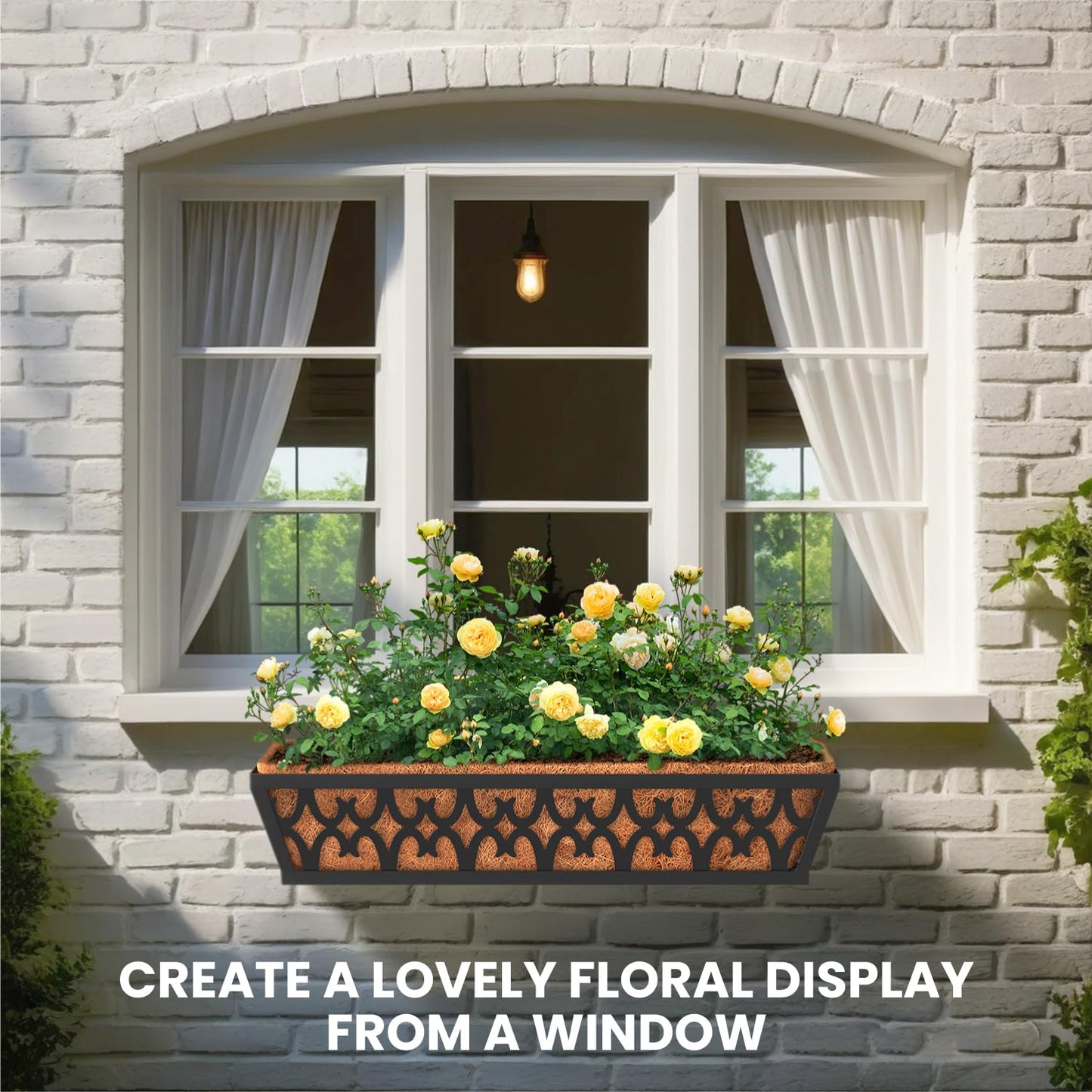 TPHUC 4 Pack Window Box Railing, 24IN Black Metal Hanging Flower Planter Basket with Coco Liner for Outdoor Balcony Porch Fence Patio for Home, Office and Hotel (Black)