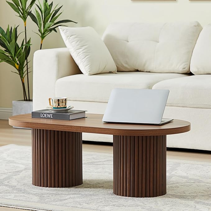 Oval Fluted Coffee Table, Farmhouse Wood Coffee Table Mid Century Modern Center