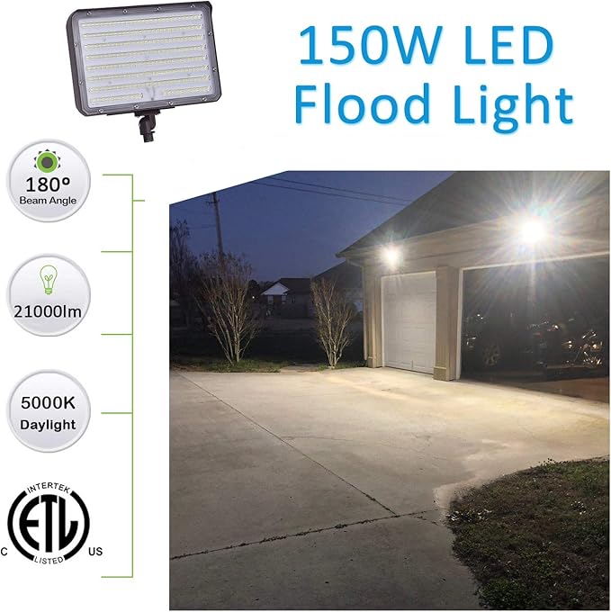 150W LED Outdoor Flood Light, 5000K Daylight 21000Lms AC100-277V 1/2" Adjustable Knuckle Mount,ETL Listed IP65 Waterproof Switch Control floodlight for Yard Garage
