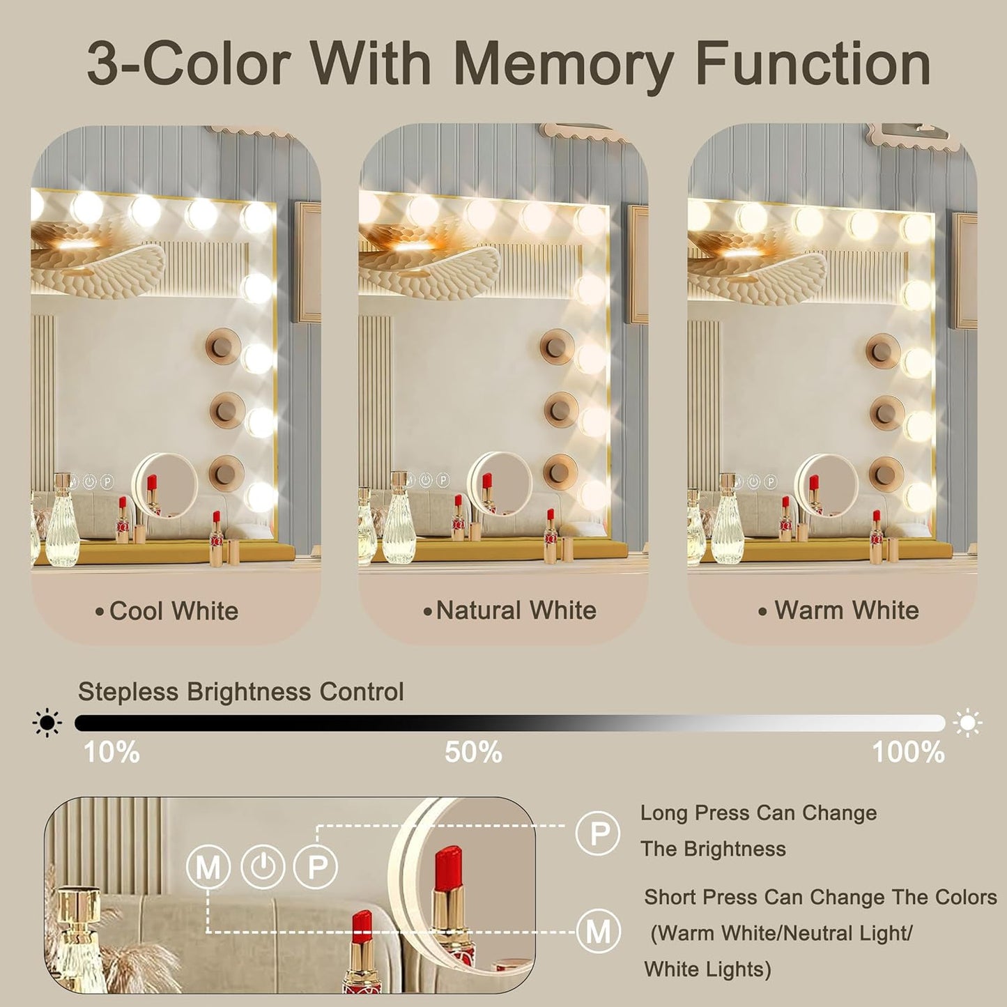 Hollywood Vanity Mirror with Lights, 15 Dimmable Bulbs, 3 Color Lights,Make Up Lighted Mirror, Aluminum Metal Frame, USB Charging Port（23" x 18"）