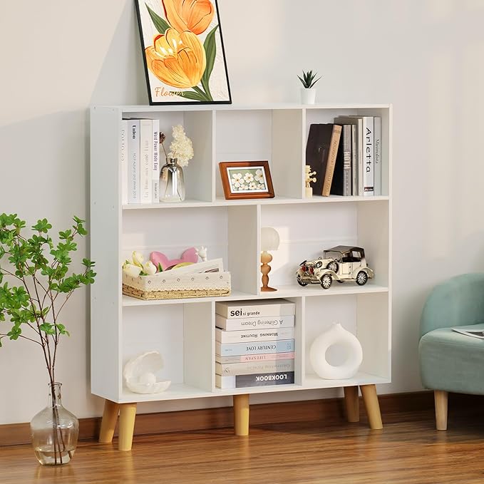 YAHARBO 8 Cube White Bookshelf, 3 Tier Book Shelf