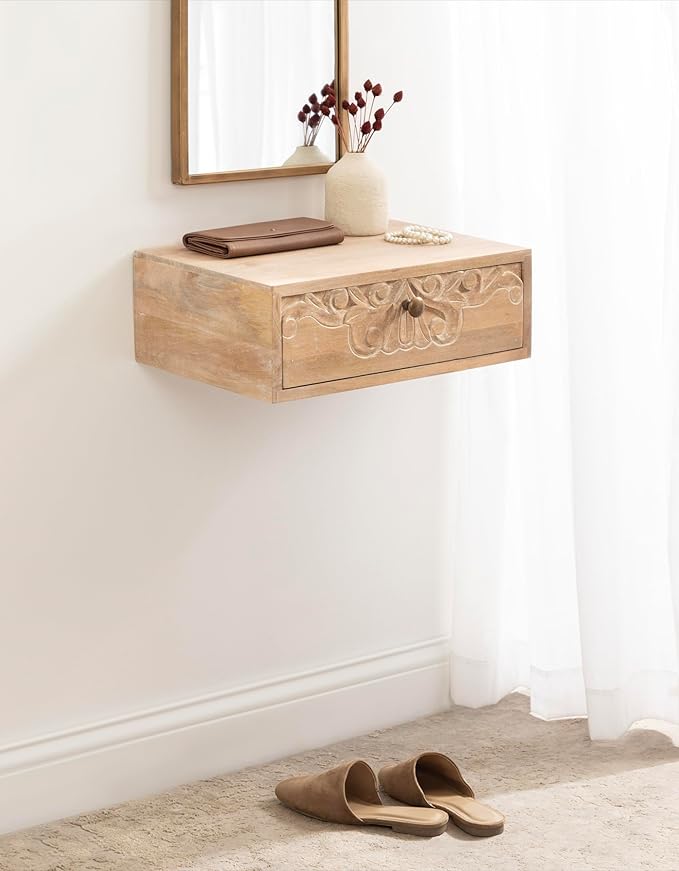 Kate and Laurel Mirza Transitional Carved Wood Floating Side Table, Natural Wood