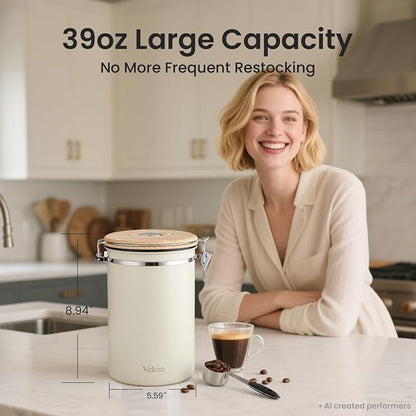 Veken Coffee Canister, 39OZ Large, Gifts For Women,Airtight Stainless Steel Food Storage Container for 2.2lbs Coffee Beans,Ground, Sugar, Tea, Flour, Cereal, Kitchen Bar Accessories,Scoop, Gift, Cream