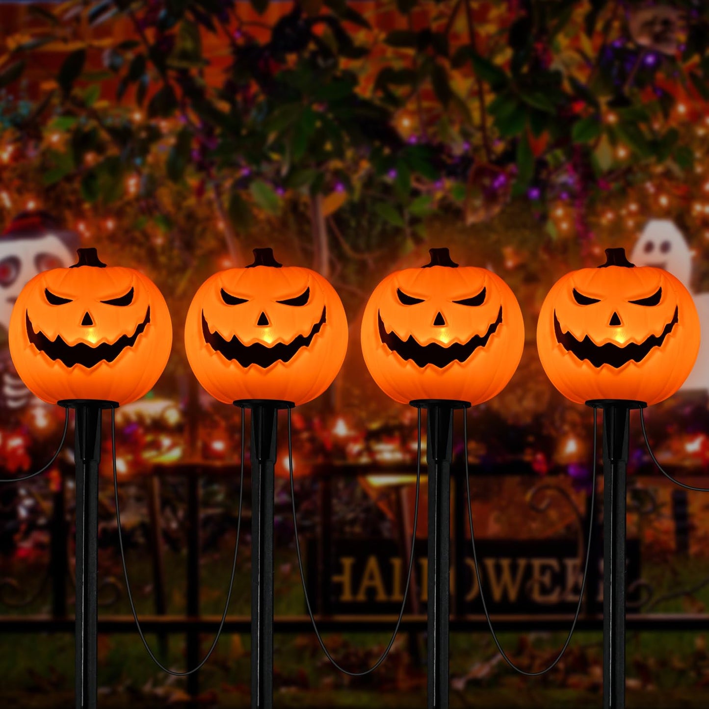 Halloween Decorations Outside - 7Ft LED Pumpkin Pathway Lights Plug in with 4 Pack LED Pumpkin Stake Lights Waterproof, for Halloween Outdoor Path Walkway Yard Lawn Landscape Decor, 0.6W