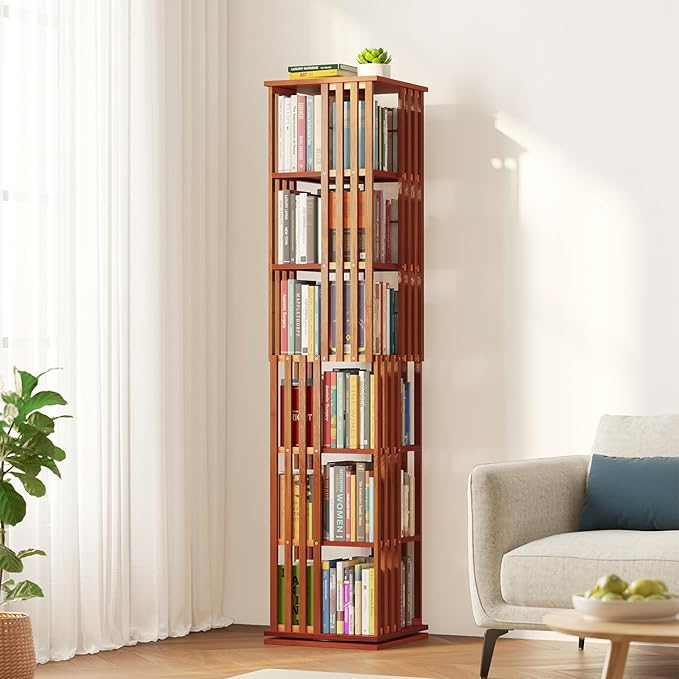 SpaceAid 6 Tier Rotating Bookshelf Tower, Bamboo Spinning Book Shelf, Revolving