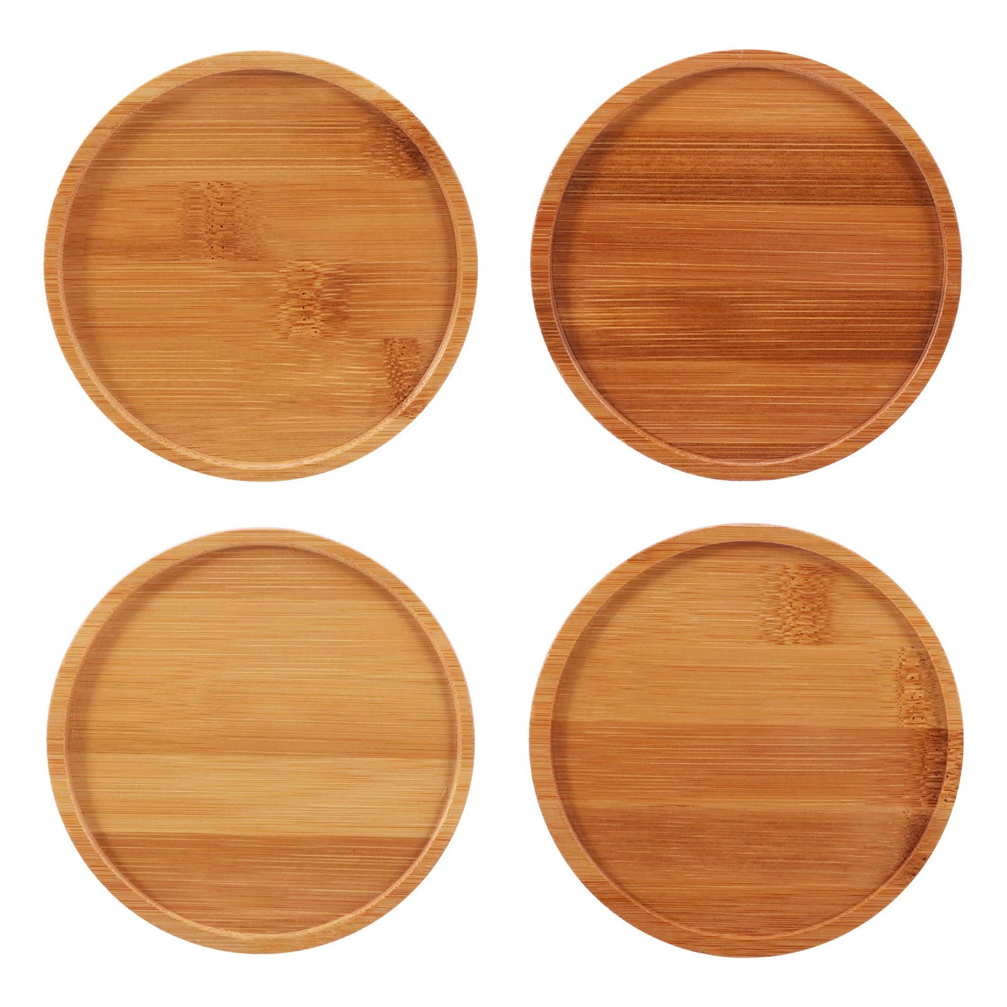 Qirvaten 4 Pack Bamboo Plant Pot Saucers, 4.7 Inch Round Bamboo Coaster Plant Drainage Tray Cork Wood Drip Pads Plates for Owl Pots Succulent Pots, Flower Pot