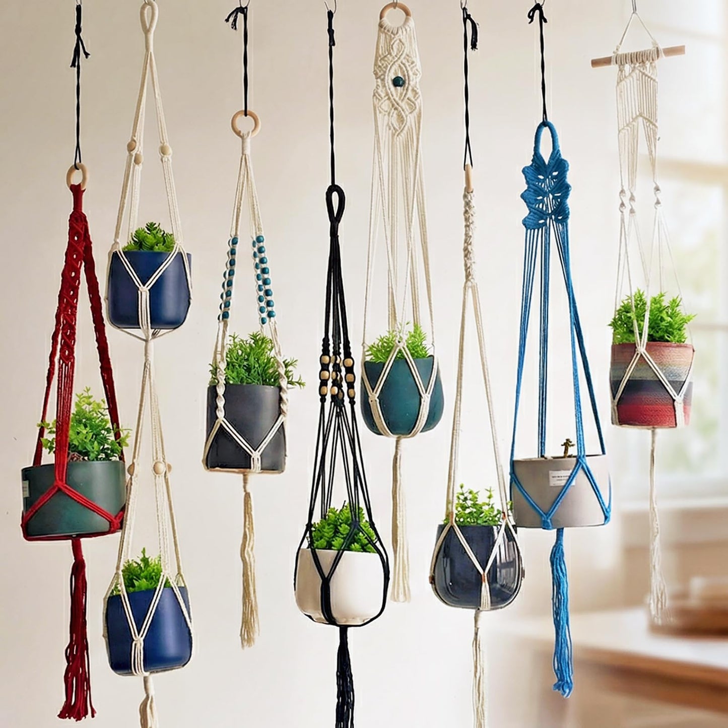 Macravine 8-Pack Macrame Plant Hanger, Boho Indoor Window Pot Hanger with Wooden Beads, Hanging Flower Pot Holder,Creative Handmade Chic Plant Basket Length 39″(no Pot&Plant Included)