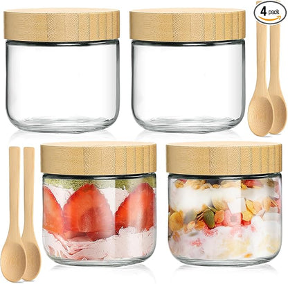 TBWIND 4 Pack 10oz Glass Jars with Bamboo Lids, Spoons, Airtight Overnight Oats Containers, Wide Mouth Mason Jars, Food Storage Container for Yogurt Salad Snacks Spice Sugar Meal Prep – Reusable