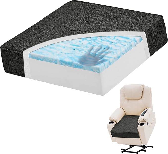 baibu Dual-Layer Gel Memory Foam Recliner Cushions for Elderly, 18x18x4 Inch Thick Non-Slip Recliner Seat Cushion Suitable for Couches, Armchair, Wheelchair, Black,1PC