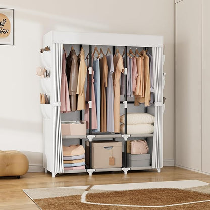 VTRIN Portable Closet Wardrobe for Hanging Clothes Closet with Cover, 3 Hanging rods, 6 Storage Shelves and Side Pocket, Diameter 19mm Metal Pipe, Sturdy Free Standing Closet for Bedroom, White