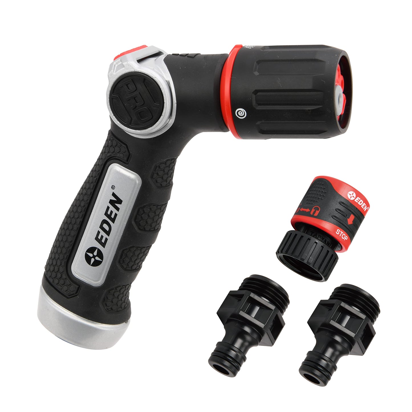 Eden PRO 94827 Metal Thumb Control 4-Pattern Turbo Nozzle | Heavy-Duty Hose Sprayer for Garden, Lawn, Plants, Outdoor Cleaning, Durable Aluminum Core, Quick Connect Set Bundle