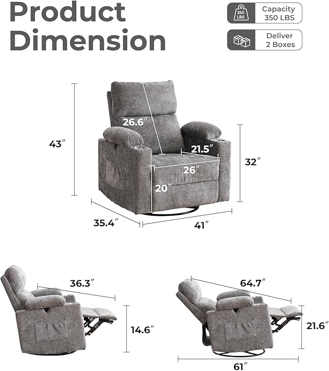 Rocking Chair Nursery with Adjustable Armrests, Electric Glider Recliner