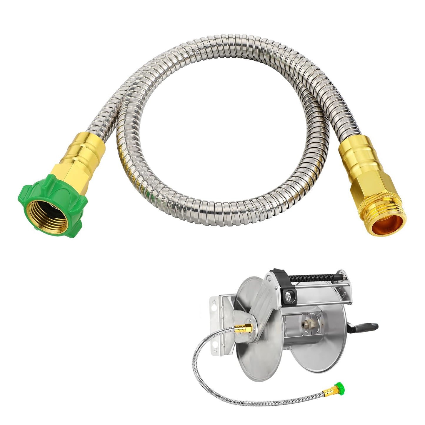 Short Garden Hose with Male to Female Connector - 3ft Metal Leakproof Leader Hose for Reel, Heavy Duty 304 Stainless Steel Flexible Water Pipe for Outdoor Garden Watering Car Pet Cleaning