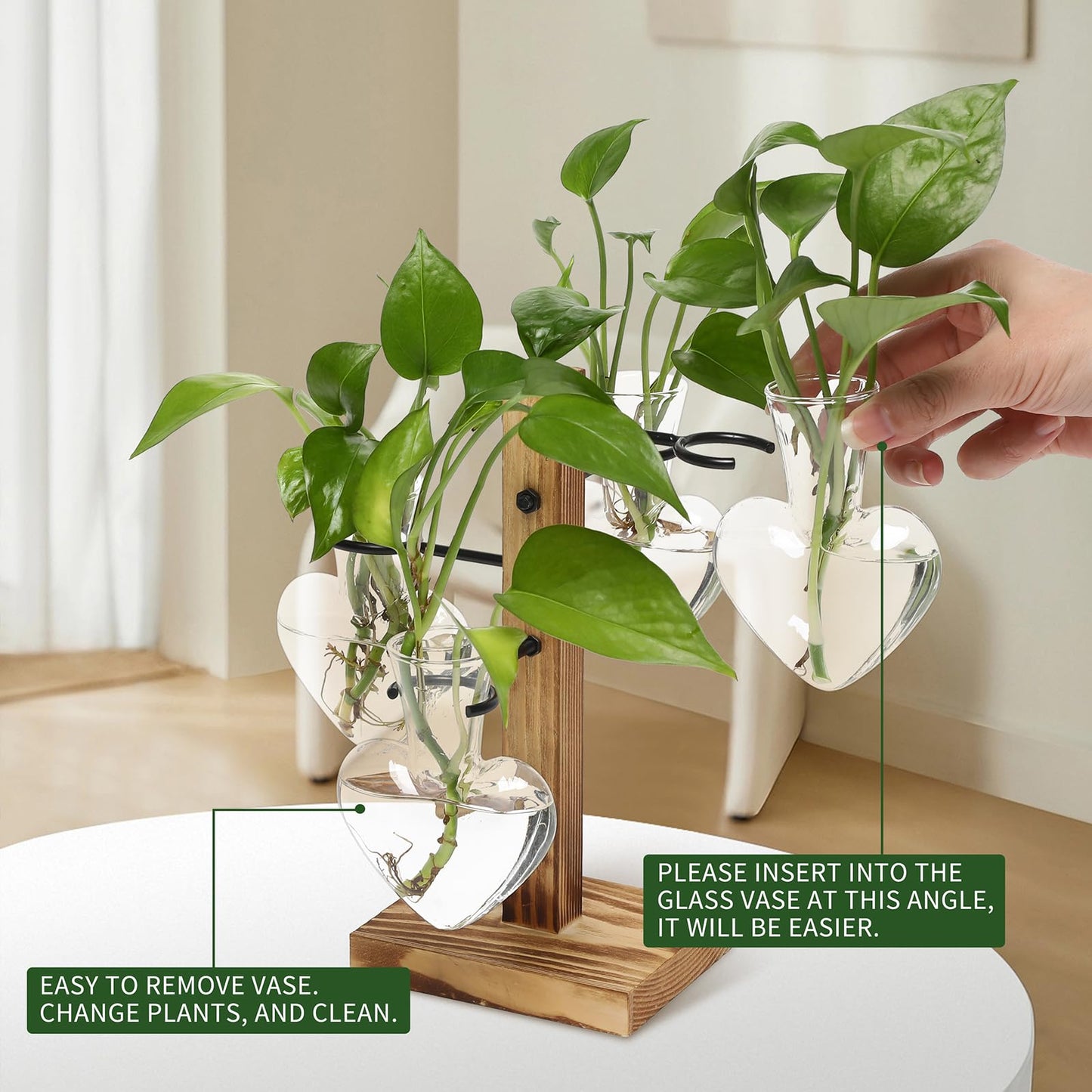CYZglass Plant Terrarium Propagation Stations with Wooden Stand, Glass Vase for Indoor Hydroponics Home Garden Office Decoration Gift for Women - 4 Love Bulb Vase