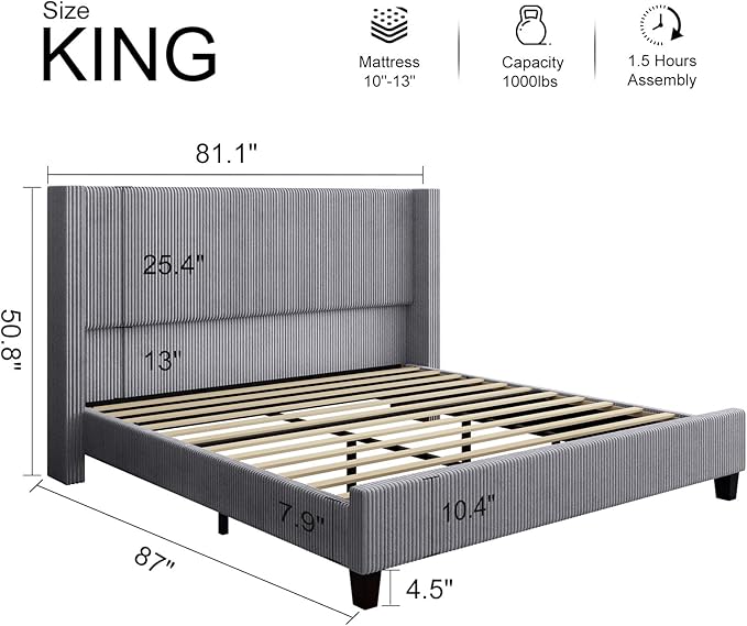 HOWE King Size Bed Frame with 50.8" Tall Wingback Headboard, Modern Corduroy