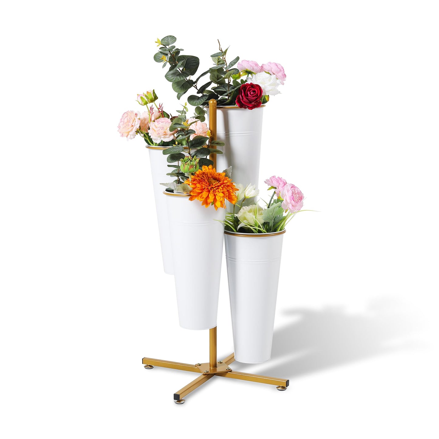 Ruifabo Flower Bar Stand with 4 Metal Buckets, 4 Tier Flower Display Stand, Rotatable Flower Cart Iron Plant Stand for Wedding or Florist Decor, Upgrade Metal Bucket Durable than Plastic Bucket