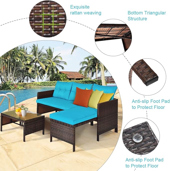Tangkula Patio Corner Sofa Set 3 Piece, Outdoor Rattan Sofa Set, Includes