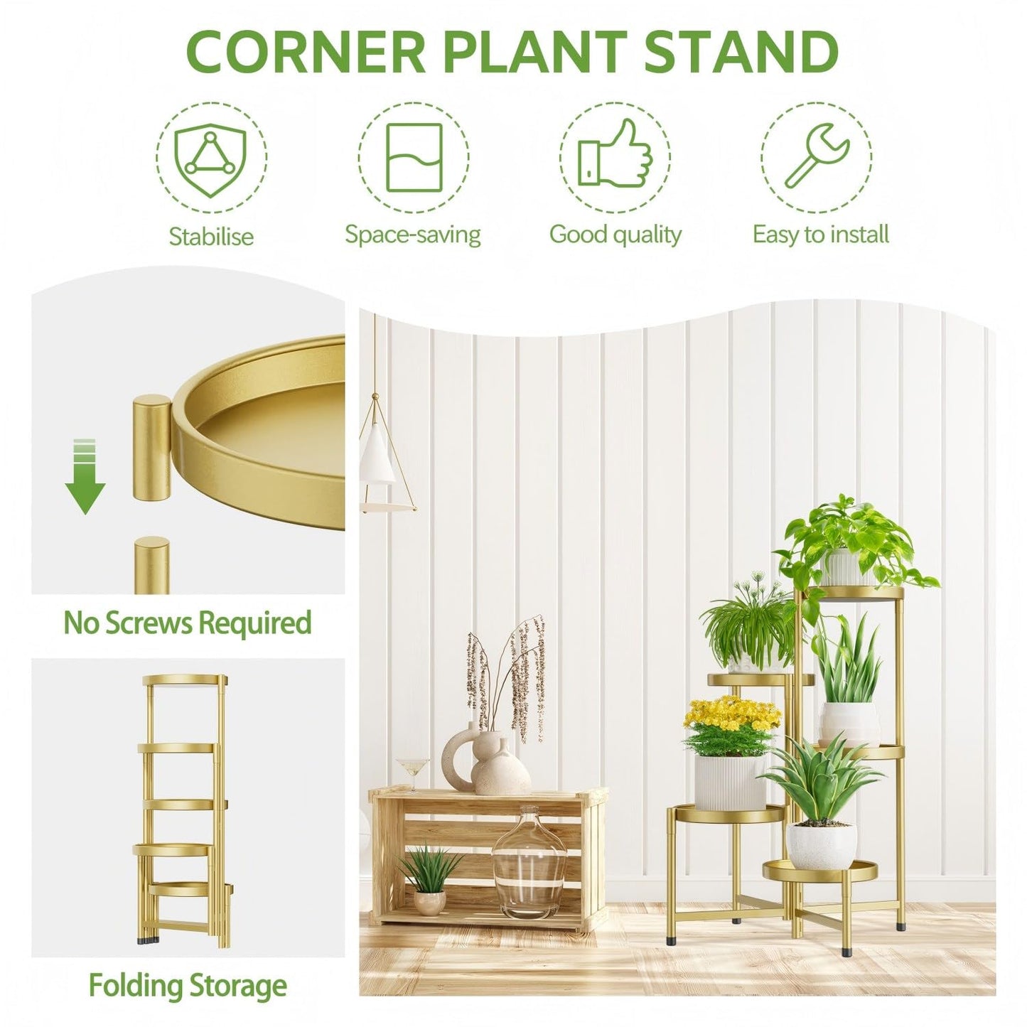 iDavosic.ly 5 Tier Large Plant Stand Indoor, 10 Inch Wide Tall Corner Metal Plant Stands Outdoor for Multiple Plants, Folding Tiered Flower Display Holder Rack Shelf, Gold