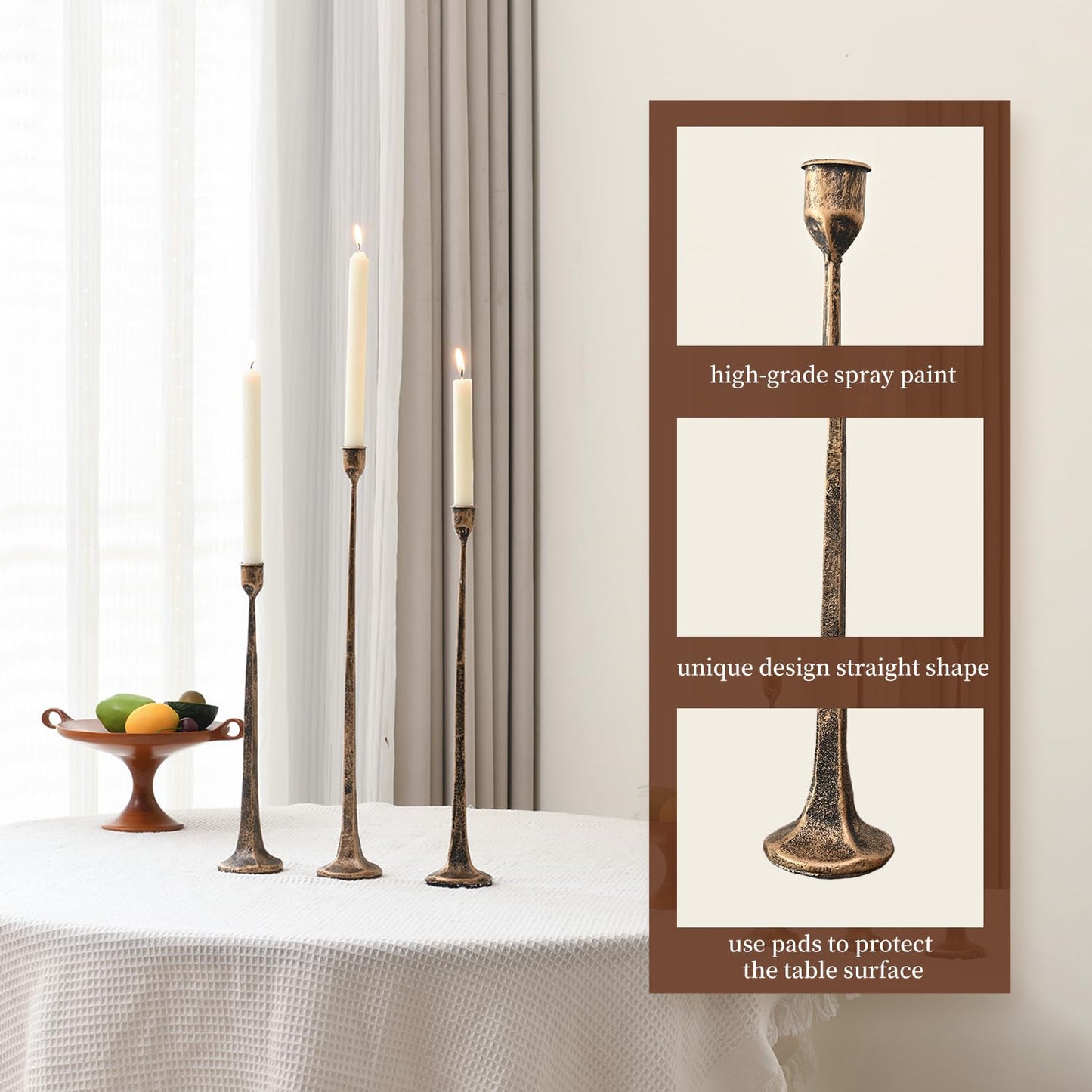 Set of 3 Candle Stick Holders, Iron Antique Gold Candlestick Holders, Fits 3/4 inch Thick Candles, Tapered Candle Holders Tall Set for Dining Table, Wedding, Home Decoration