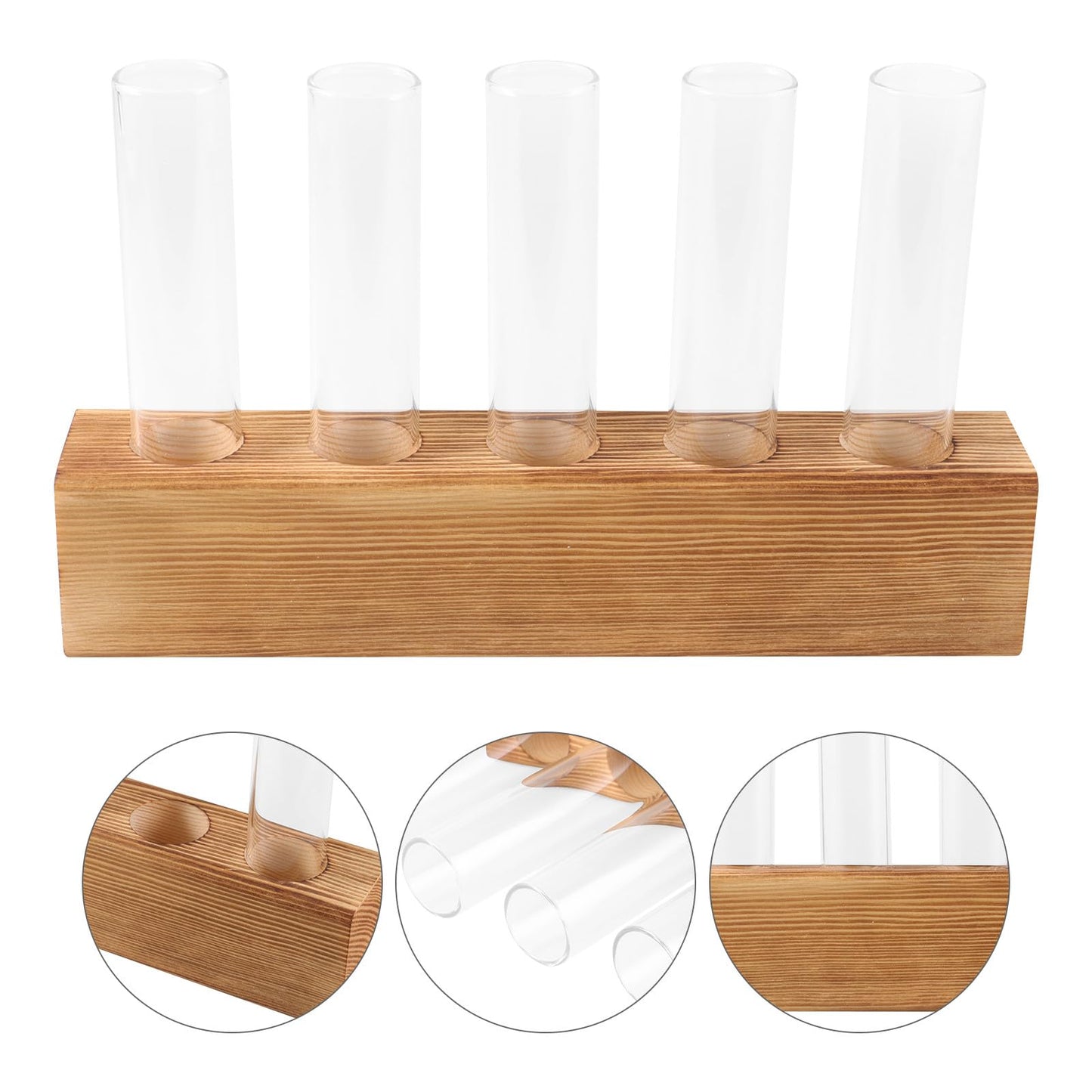 Holibanna Hydroponic Plant Terrarium Glass Vase with 5-Hole Wooden Stand, Indoor Desktop Propagation Station for Plant Growth and Decorative Home Garden Display