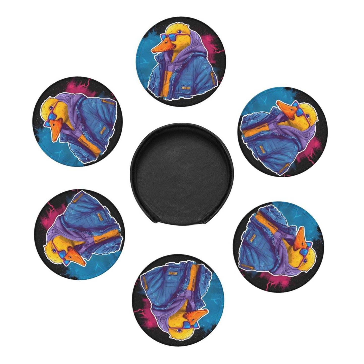 BOXIMIAO Drink Coasters with Holder Stand Set of 6, Cute Cyberpunk Duck Pu Leather Absorbent Coasters with Cork Base Table Coaster Round Coasters for Housewarming Apartment Kitchen Bar Decor