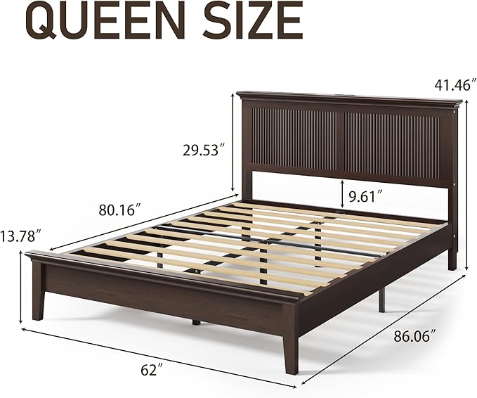 Lifezone Queen Bed Frame with Headboard, Solid Wood Bed Frame Queen Size with