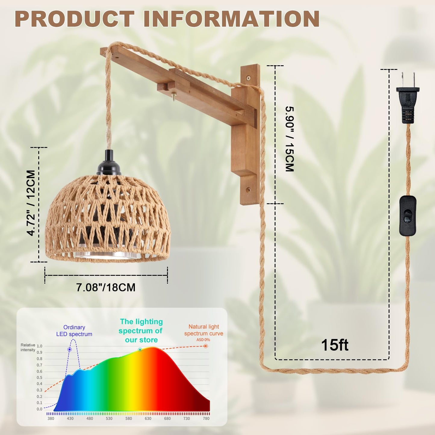 30W 4000K Indoor Plant wall Mounted Growth Light, Bohemian Style wall Mounted Plant Light with Timer, Equipped with a 14 Foot Power Cord, Suitable for Indoor Plant Cultivation and Floral Display