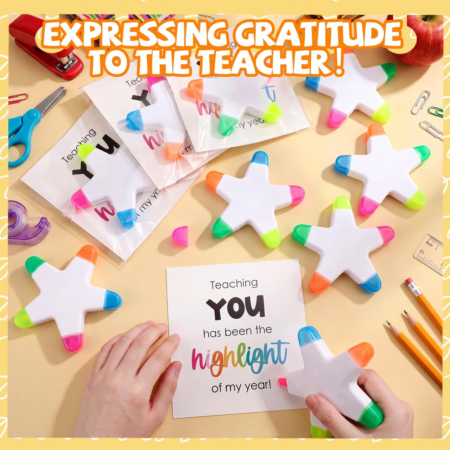 Resurhang 24 Set Back to School Gift for Student 5-in-1 Star Multicolor Highlighters with Encouragement Card Clear Gift Bag Star Pen Bulk for First Day of School Party Favor Classroom Testing Rewards