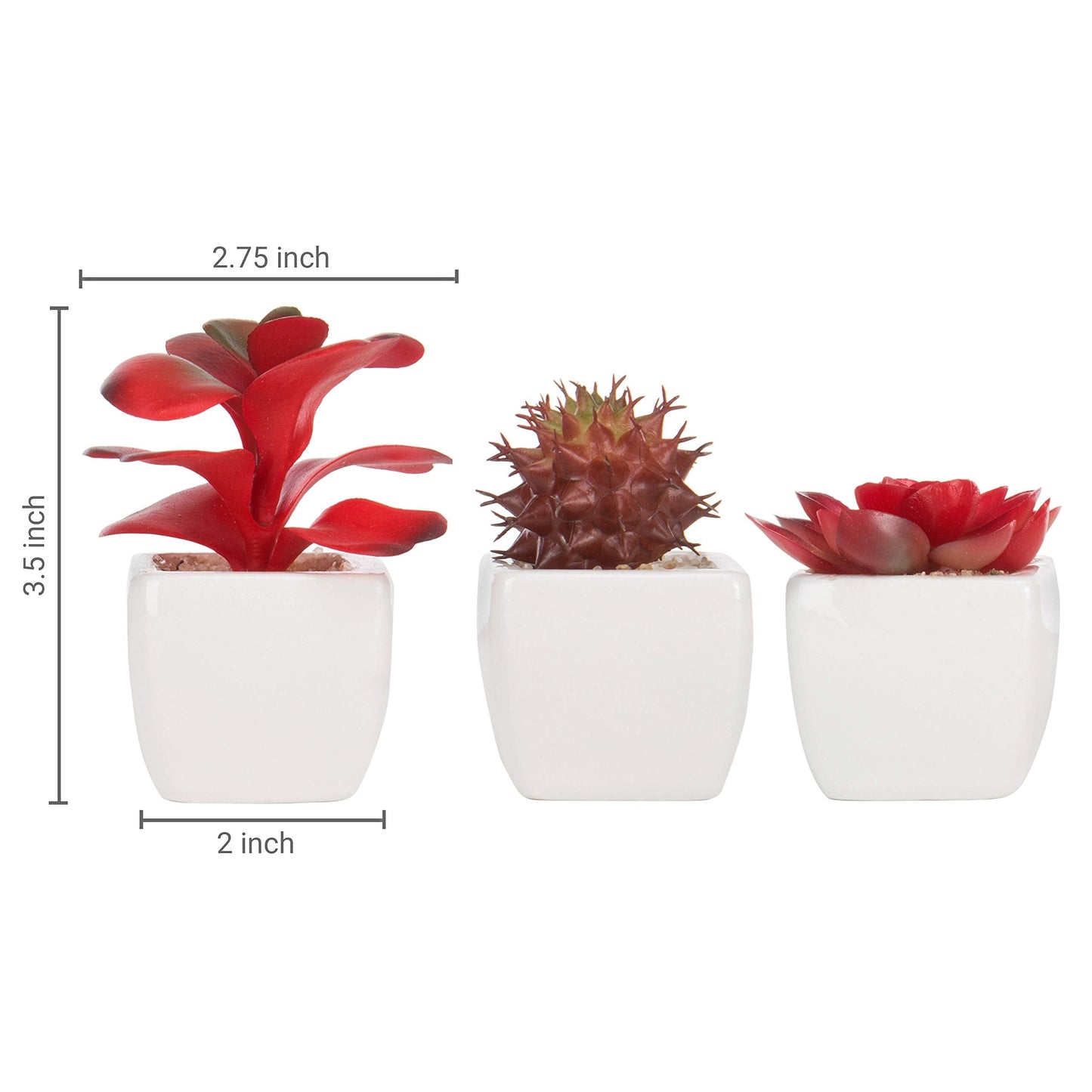 MyGift Assorted Artificial Red Succulent Plants, Mini Fake Desert Plants in White Square Pots, Set of 3