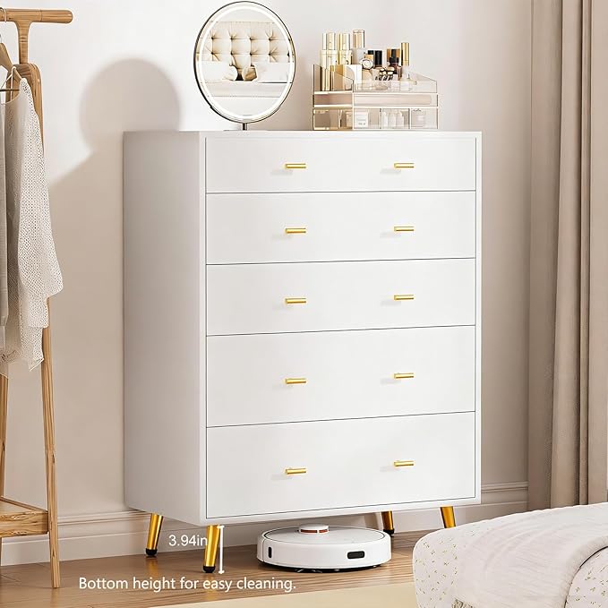 5 Drawer Dresser for Bedroom, 30.7" W x 38" H Tall Tempered Glass Top Dresser