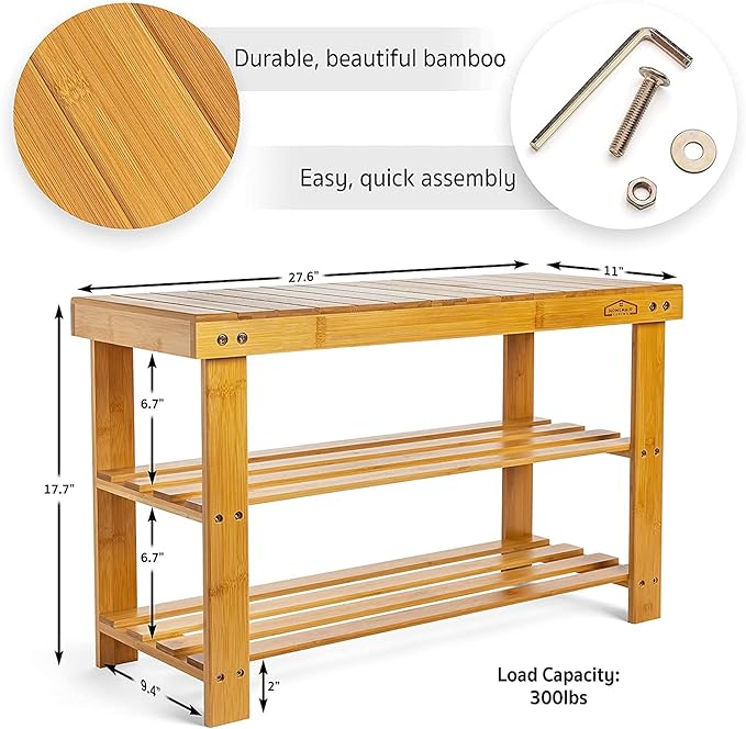 Purawood Bamboo 3 Tier Shoe Rack Bench, Premium Shoe Organizer or Entryway Bench