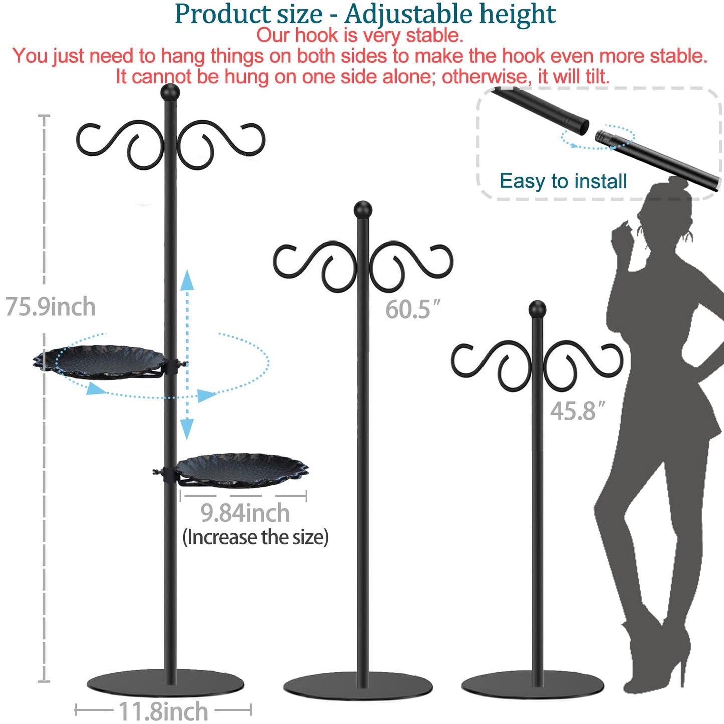 Upgraded 74" Shepherd's Hook for Bird Feeder，Floor Hanging Plant，Wind Chime Stand, Waterproof Metal & Adjustable-Height Standing Pole Holder for Lantern and Wreath, Indoor & Outdoor（2 Placement Racks)