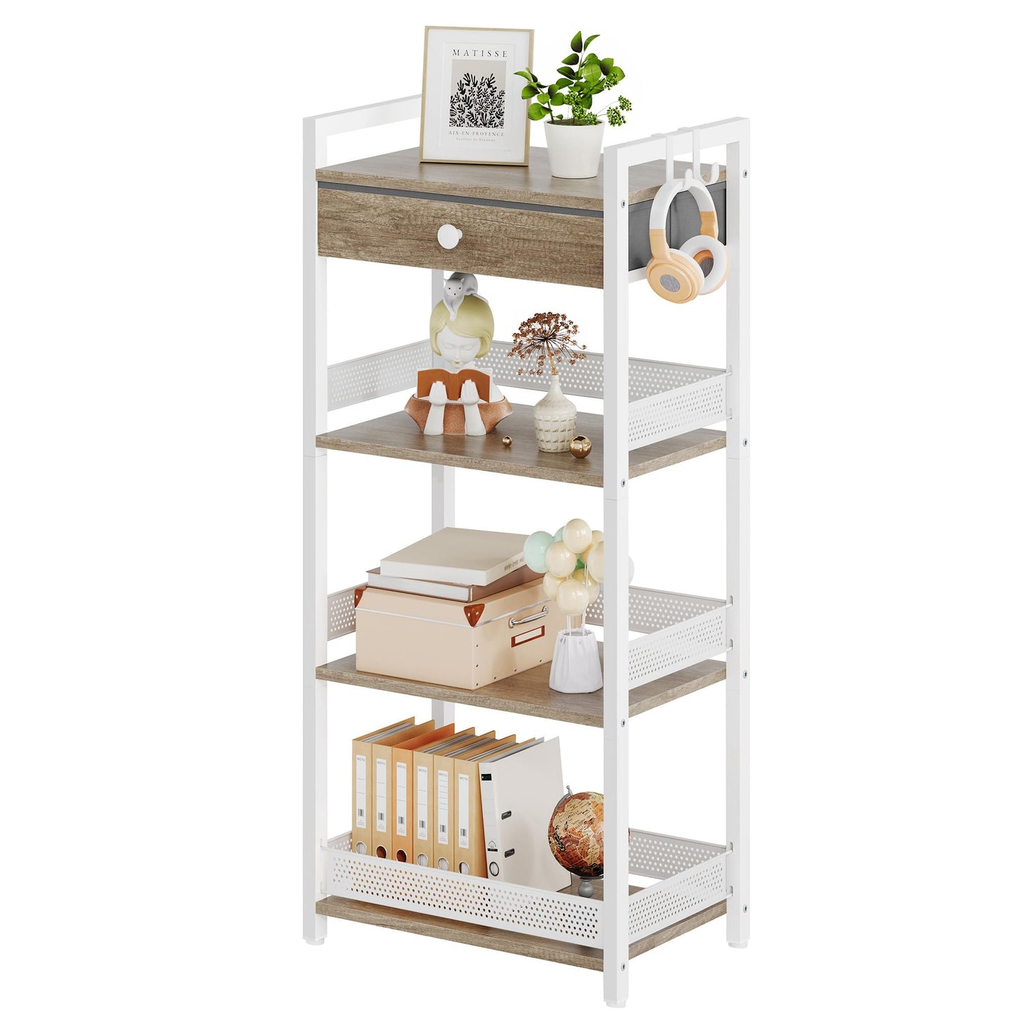 FAVOOSTY 4 Tier Ladder Shelf Stand, Bookshelf with Drawer Storage, Decorative Display Shelves Wood & Metal, Plant Shelf, Standing Shelf Unit for Living Room Bedroom Office Kitchen, White