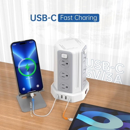 Power Strip Surge Protector, 10 Ft Extension Cord with 12 AC Multiple Outlets 4 USB (1 USB C), SMALLRT Power Tower Desktop Charging Station (White, 16.4 FT)