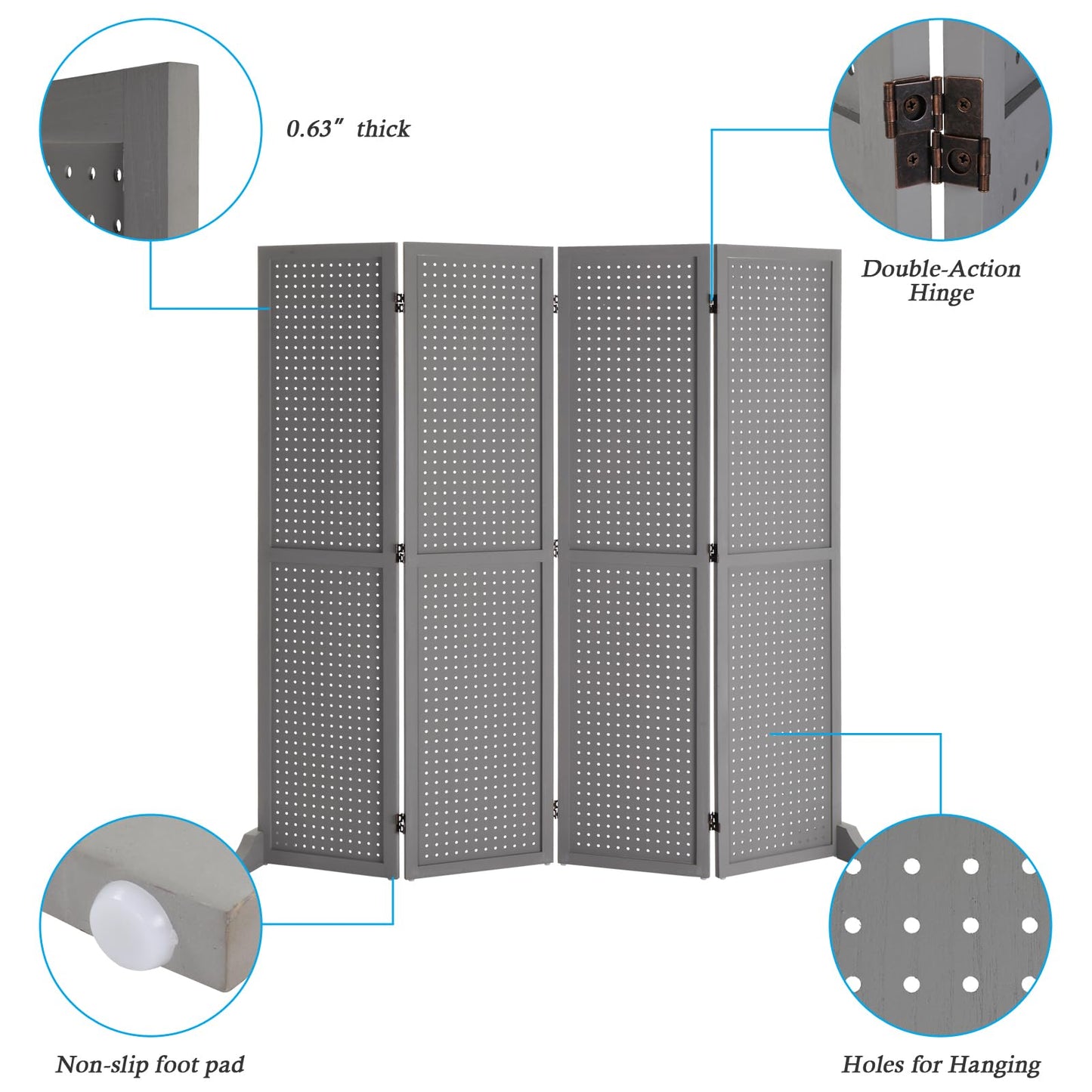 Bonnlo 4 Panel Pegboard Freestanding, 5 FT Portable Display Board Organizer for Craft Show Jewelry, Wooden Folding Privacy Screen Room Divider (with Base, Grey)