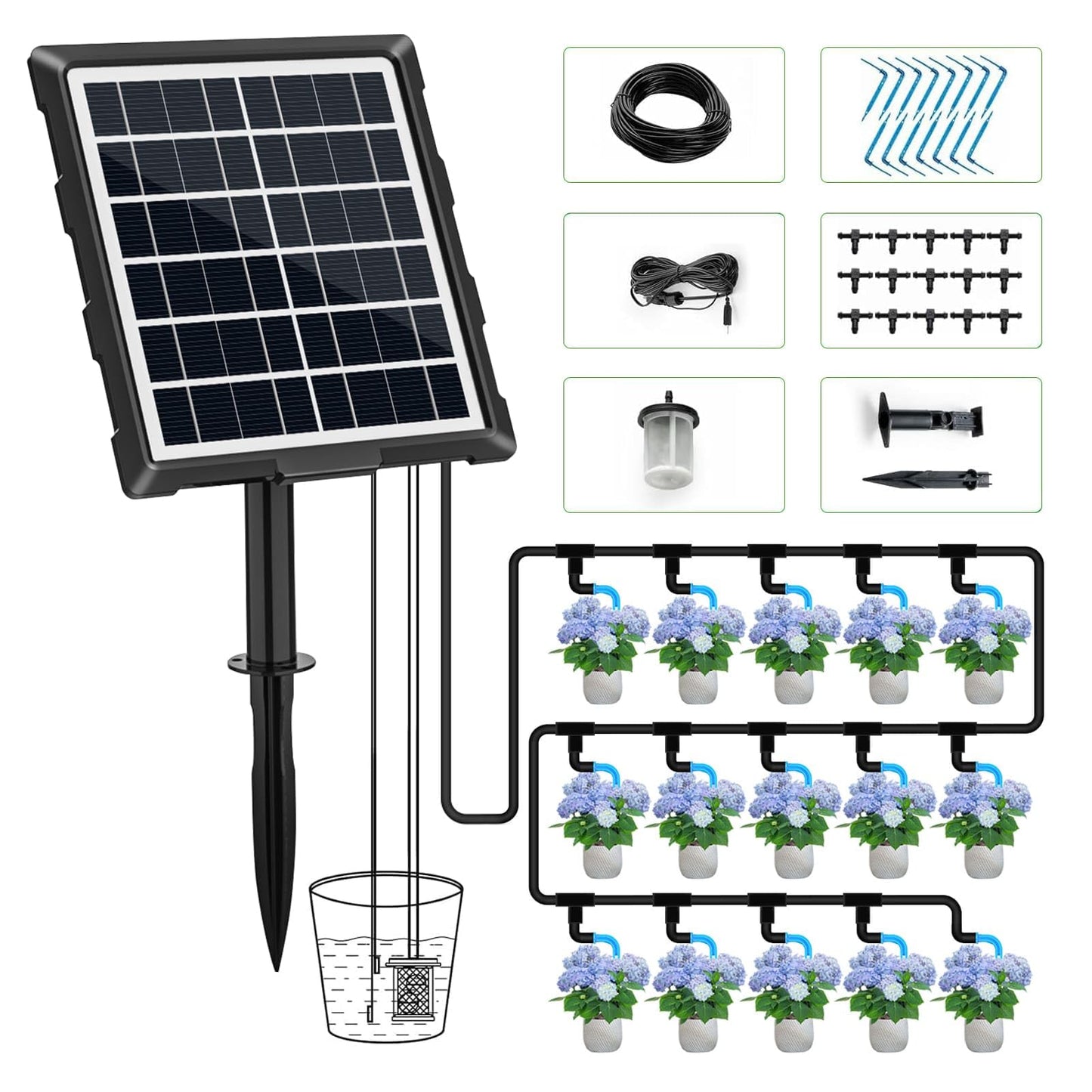 Solar Automatic Drip Irrigation Kit System, 50FT Solar Powered Auto Easy DIY Watering Device Supported Pots Plants, 6 Timing Modes with Anti-Siphoning Device