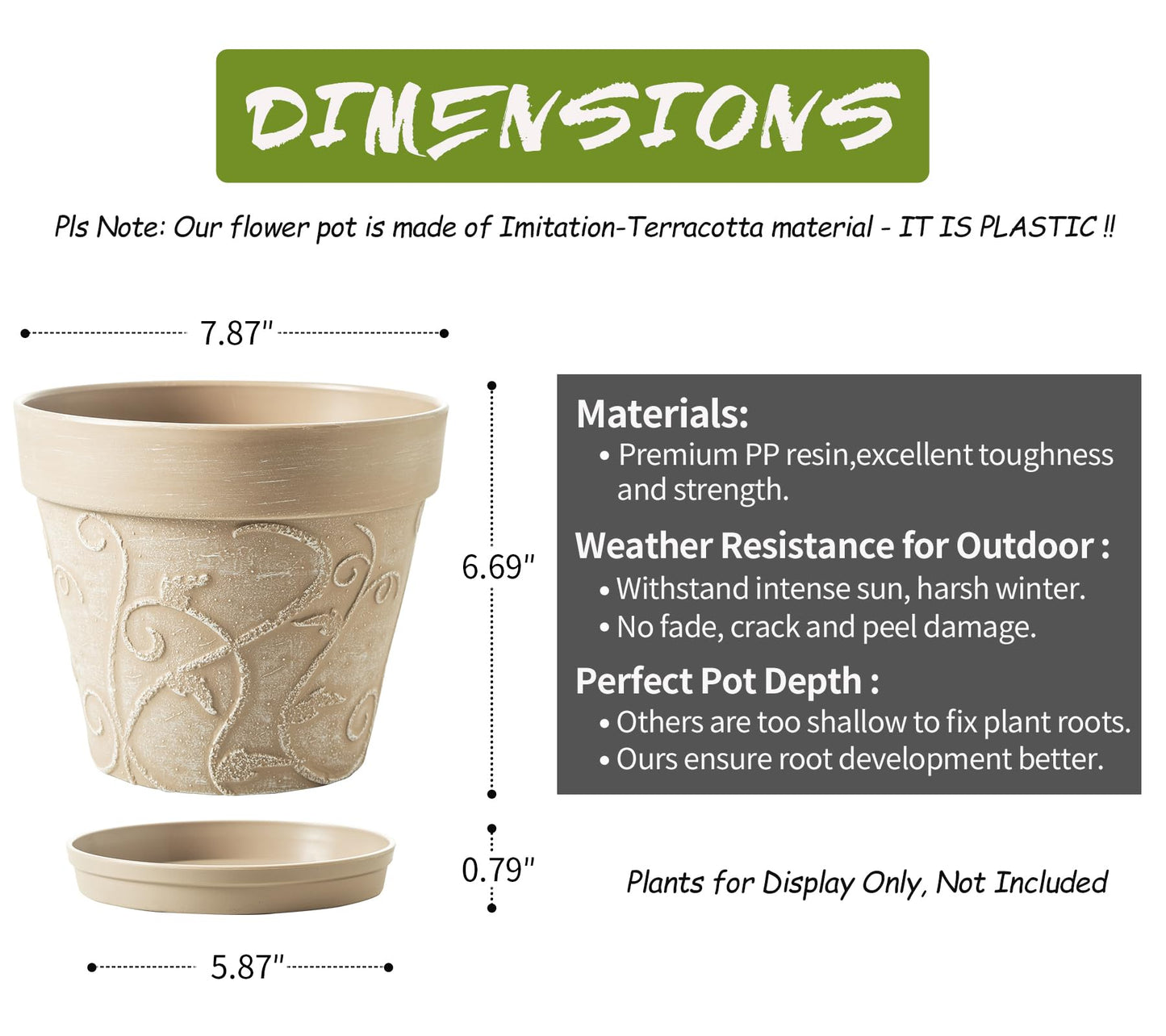 Melphoe Plant Pots Indoor with Drainage & Saucer, 2Pack 8 inch Flower Pots Outdoor Planters for Indoor Plants Garden Home Decor Cactus Succulent, Rigid Plastic (Imitation-Terracotta) Vine-Embossed