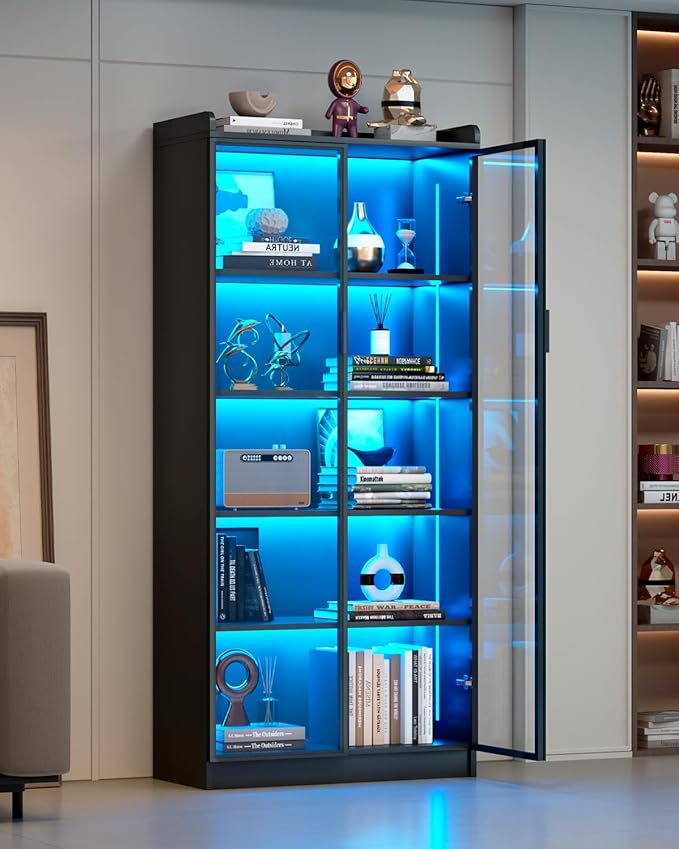 Dystler Display Cabinet with Glass Doors and Shelves, 5 Tier Display Case