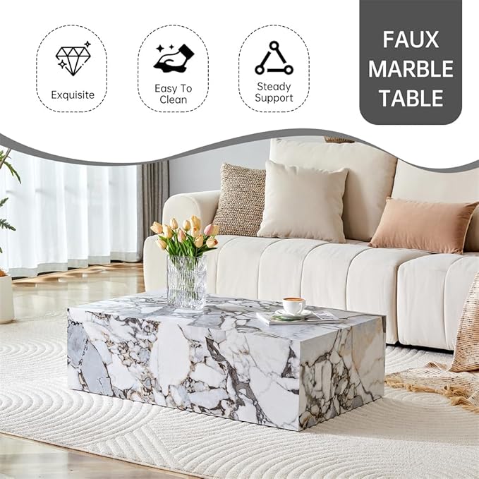 Faux Marble White Coffee Table, Rectangle MDF Living Room Table, Center Table